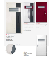 Type 1127 ModernLine – Multi-Colored Punto Glass ModernLine Aluminium Clad Door, Cream or Wine Red, Antique White Exotic Wood, Square Rosette Handle, Secure Entry, Custom RAL